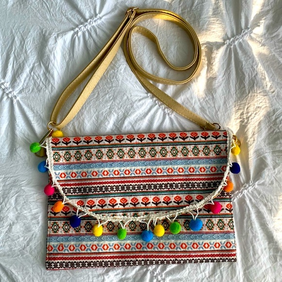 Handbags - Pom Pom fabric clutch with removable strap